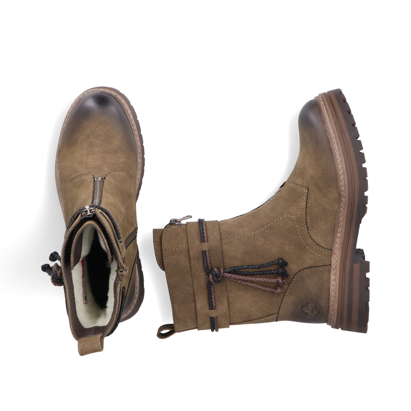 Hellgrüne Rieker Damen Biker Boots 93068-54 mit modischer Kordel. Schuh von oben, liegend.