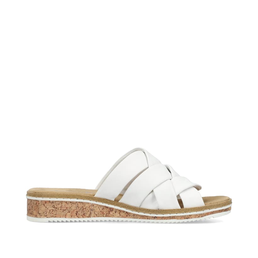 Weiße Rieker Damen Pantoletten V3608-80 mit einer schockabsorbierenden Sohle. Schuh Innenseite.