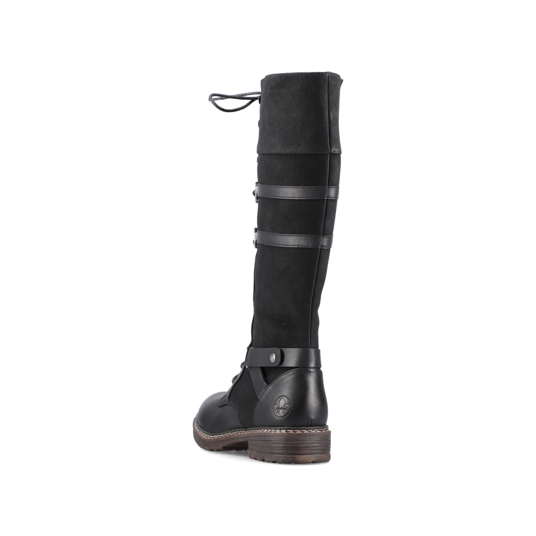 Schwarze Rieker Damen Hochschaftstiefel 94732-00 mit einem Reißverschluss. Schuh von hinten.