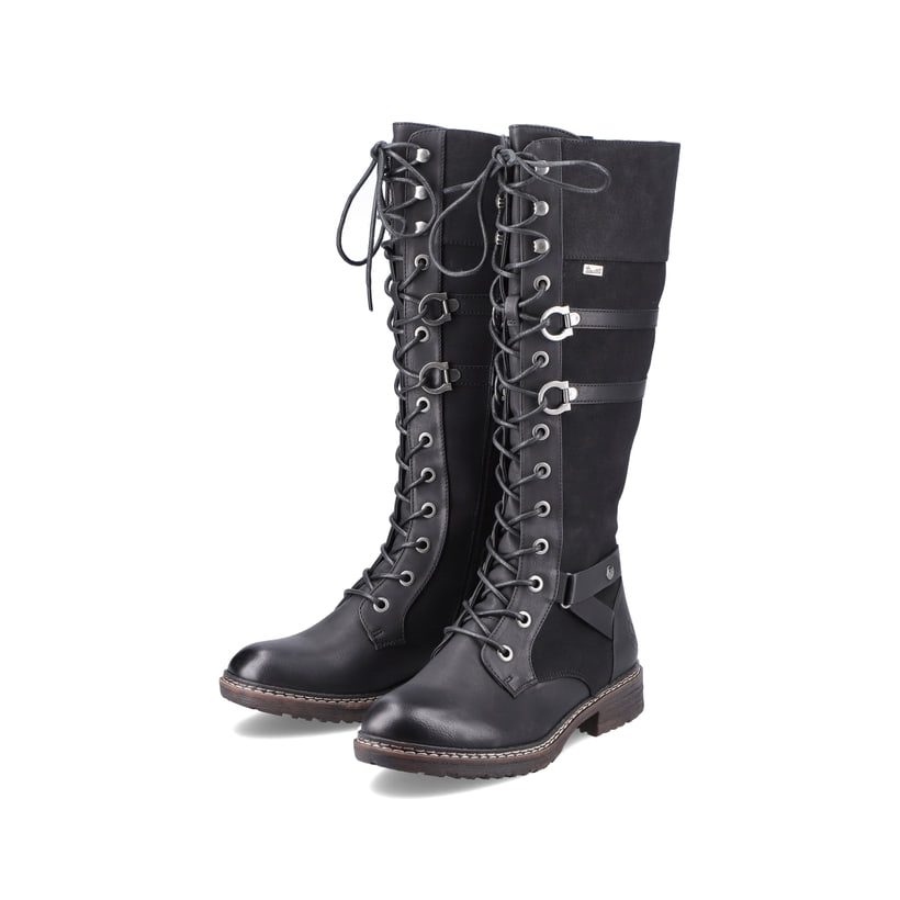 Schwarze Rieker Damen Hochschaftstiefel 94732-00 mit einem Reißverschluss. Schuhpaar seitlich schräg.