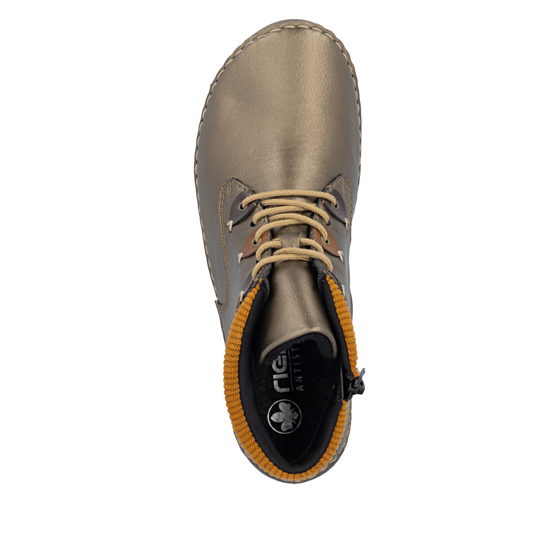 Bronzefarbene Rieker Damen Kurzstiefel 52544-90 mit einem Reißverschluss. Schuh von oben.