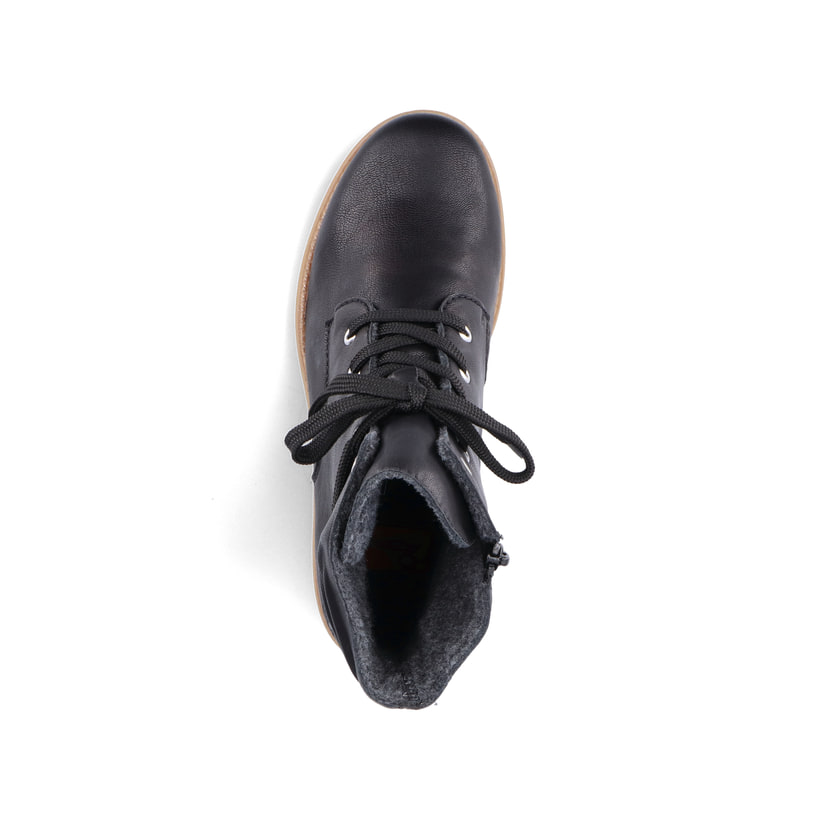 Nachtschwarze Rieker Damen Schnürstiefel 73514-00 mit Schnürung und Reißverschluss. Schuh von oben