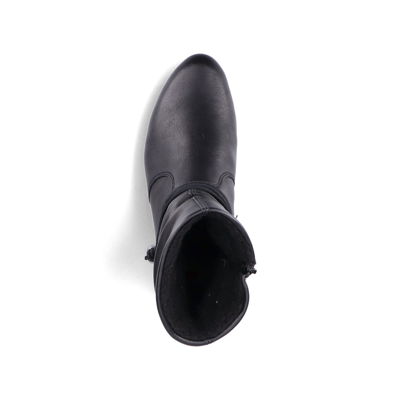 Tiefschwarze Rieker Damen Stiefeletten Y17R2-00 mit Reißverschluss sowie Blockabsatz. Schuh von oben