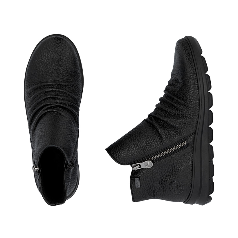 Schwarze Rieker Damen Kurzstiefel Z0056-00 aus Glattleder. Schuh von oben, liegend.