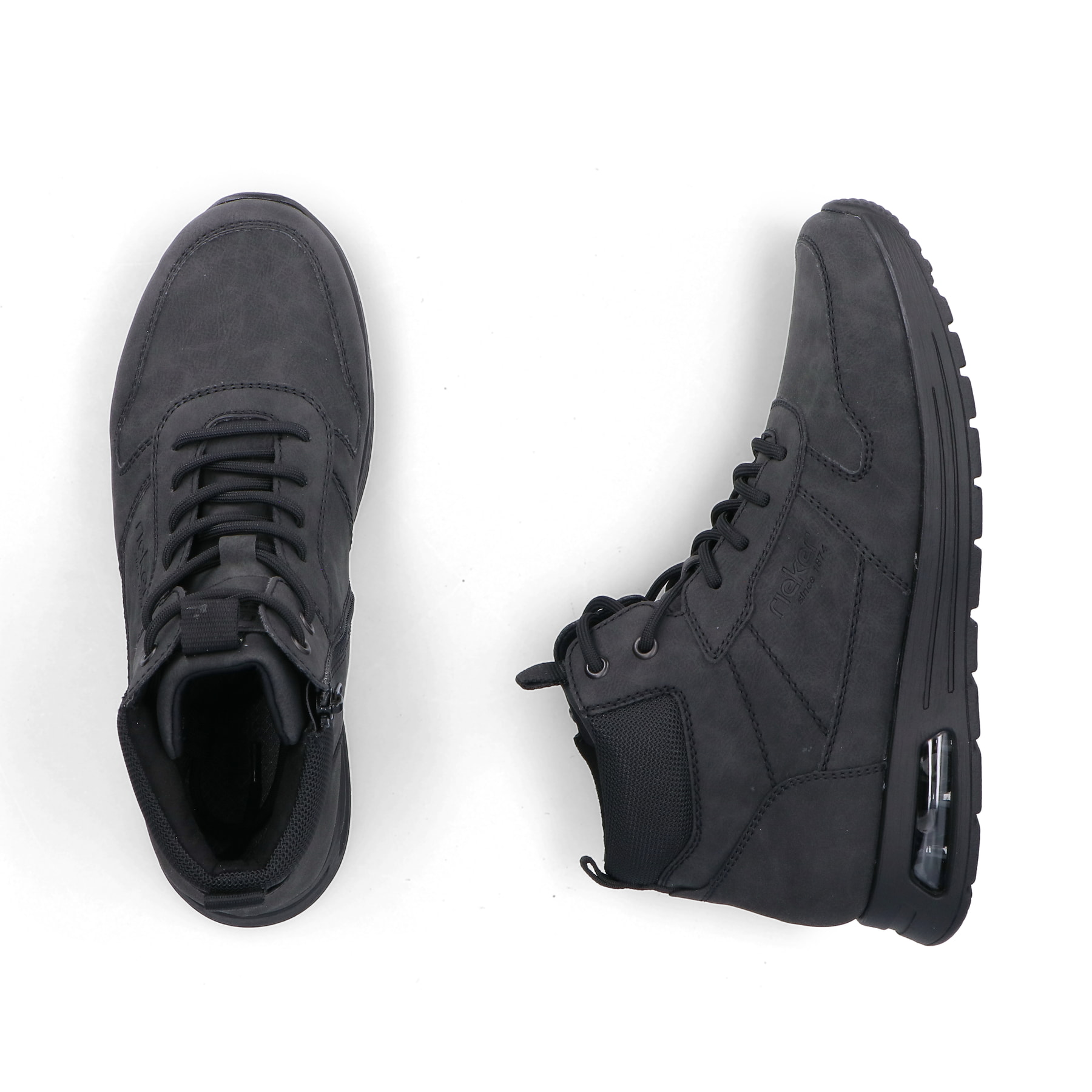 Schwarze Rieker Herren Schnürstiefel B1024-00 mit Rieker Air Sohlenfenster. Schuh von oben, liegend.