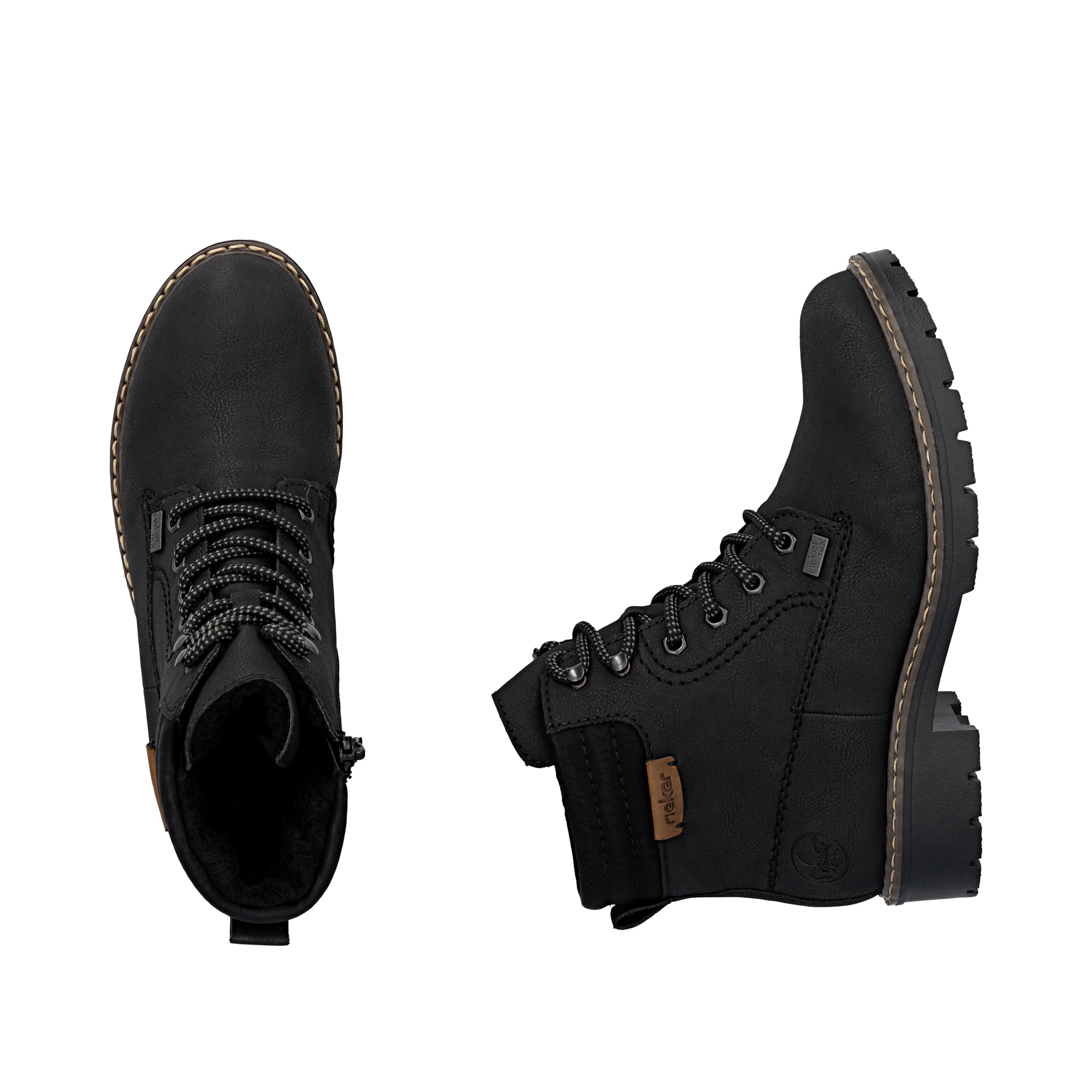 Schwarze Rieker Damen Schnürstiefel Y9125-00 mit wasserabweisender TEX-Membran. Schuh von oben, liegend.