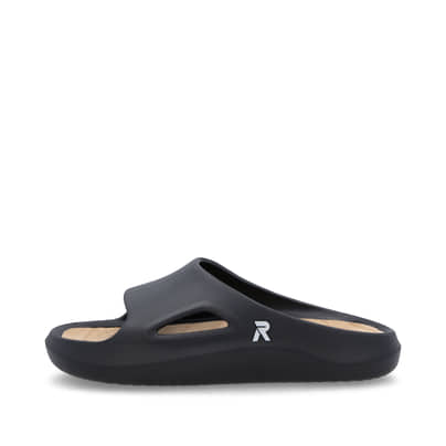 Schwarze Rieker Herren Pantoletten U3350-00 mit einer ultraleichten Sohle. Schuh Außenseite.