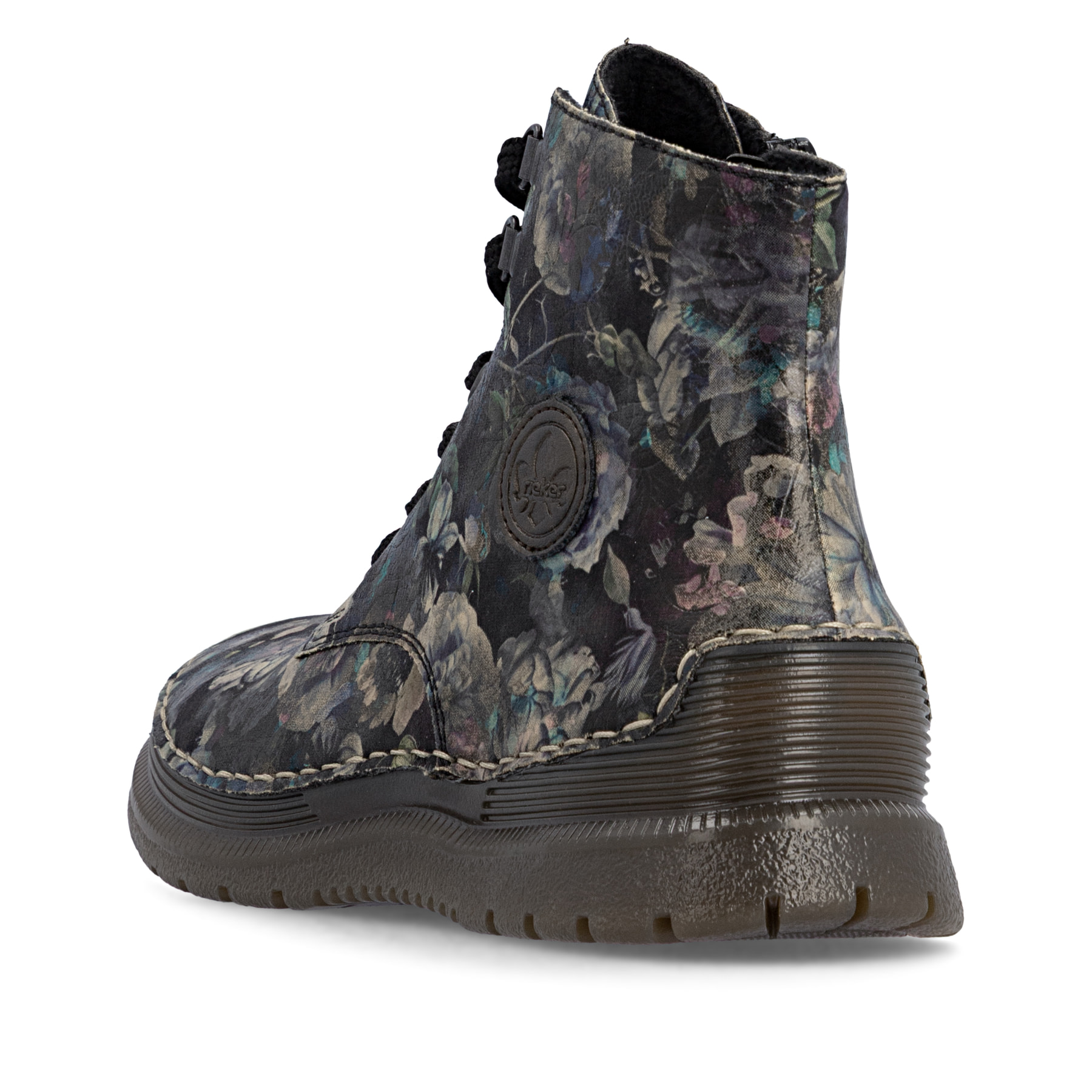 Schwarze Rieker Damen Schnürstiefel 53632-90 mit floralem Aufdruck. Schuh von hinten.