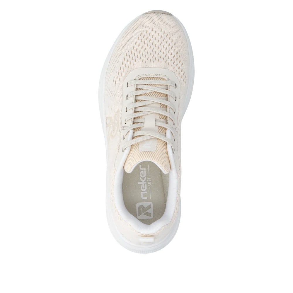 Beige Rieker Damen Sneaker Low W4101-60 mit Schnürung sowie ultraleichter Sohle. Schuh von oben.