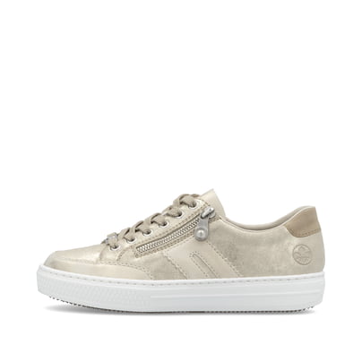 Beige Rieker Damen Sneaker Low L5903-62 mit einem Reißverschluss. Schuh Außenseite.