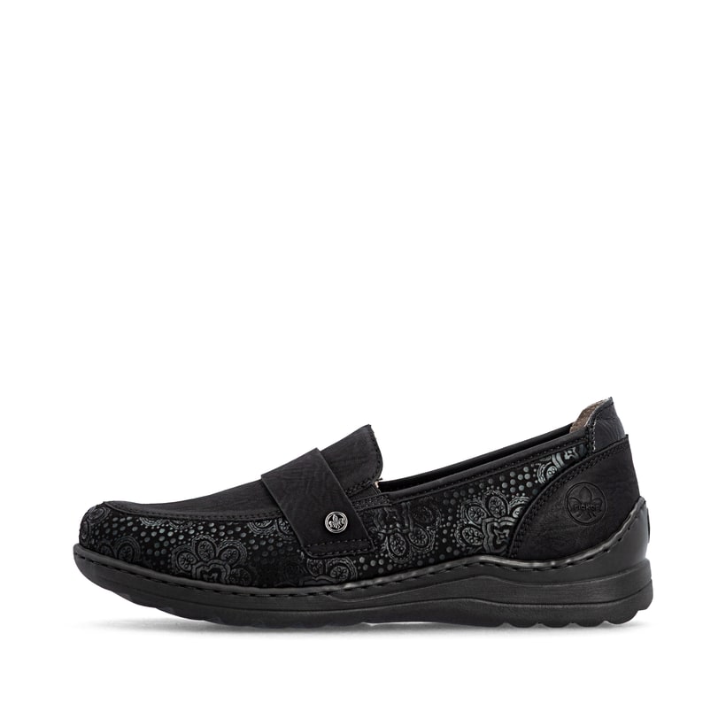 Mocassins Rieker noirs pour femmes 48968-00 avec bande élastique. Côté extérieur de la chaussure.