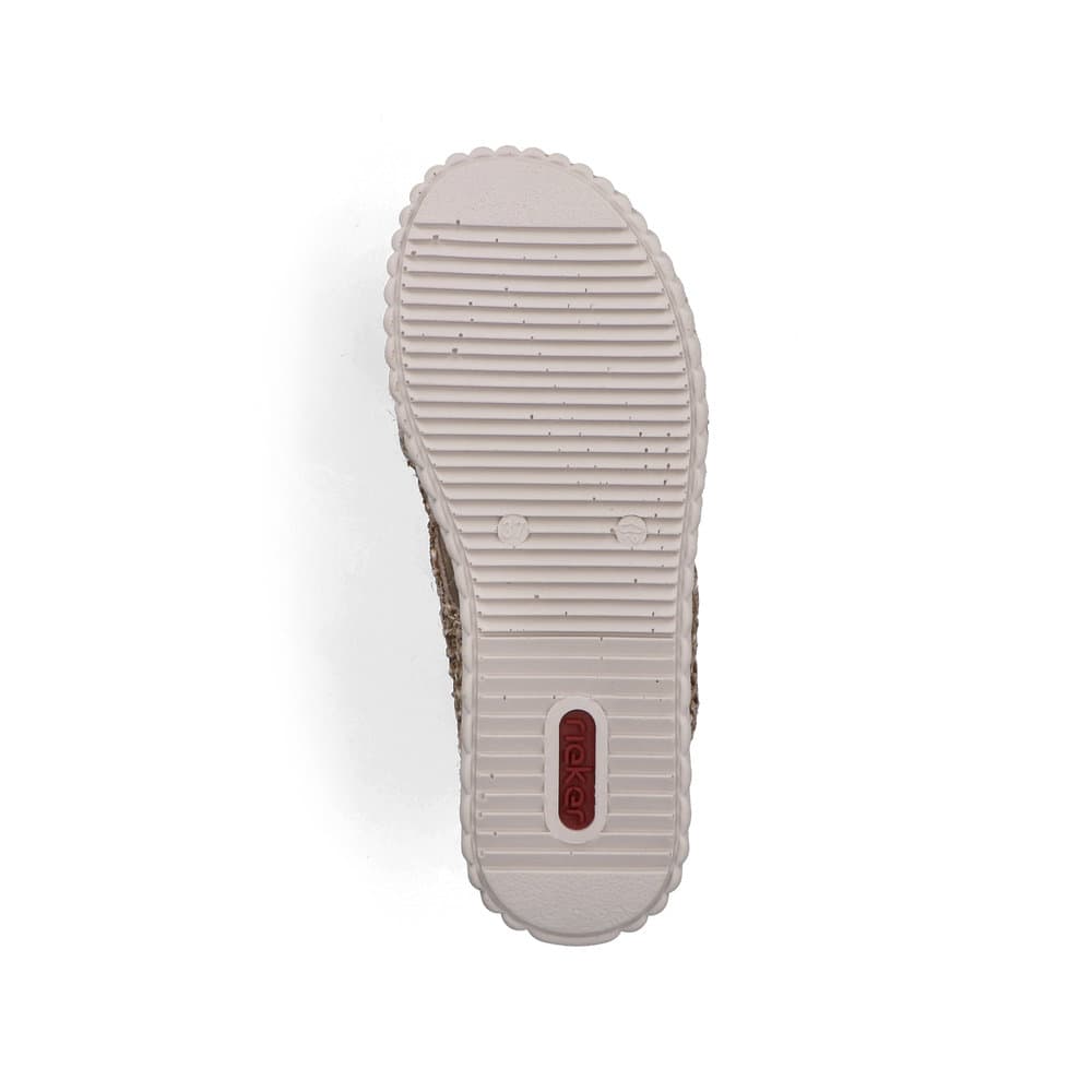 Beige vegane Rieker Damen Pantoletten 69280-60 mit der Extraweite H. Schuh Laufsohle.