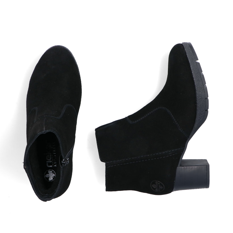 Schwarze Rieker Damen Stiefeletten 77665-00 aus Rauleder mit Reißverschluss. Schuh von oben, liegend.