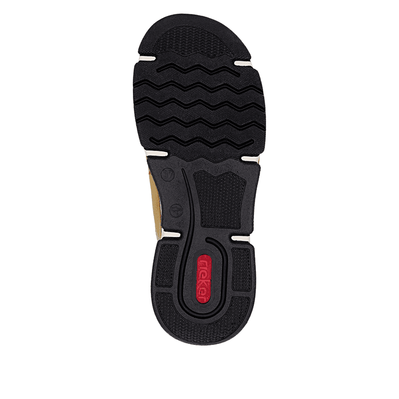 Ockerfarbene Rieker Damen Slipper 45951-68 mit Deko-Reißverschluss. Schuh Laufsohle.