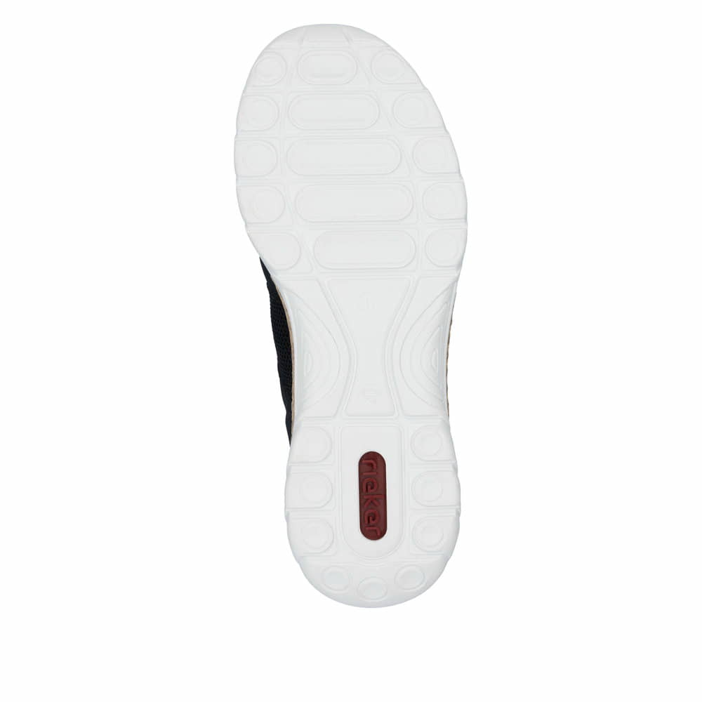 Blaue Rieker Damen Slipper N4290-14 mit einem Gummizug. Schuh Laufsohle.