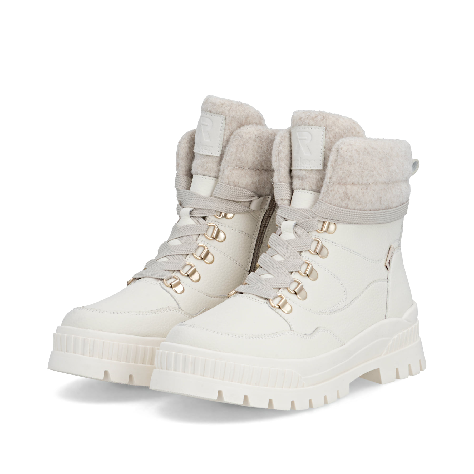 Weiße Rieker Damen Schnürstiefel W2171-81 aus Glattleder. Schuhpaar seitlich schräg.