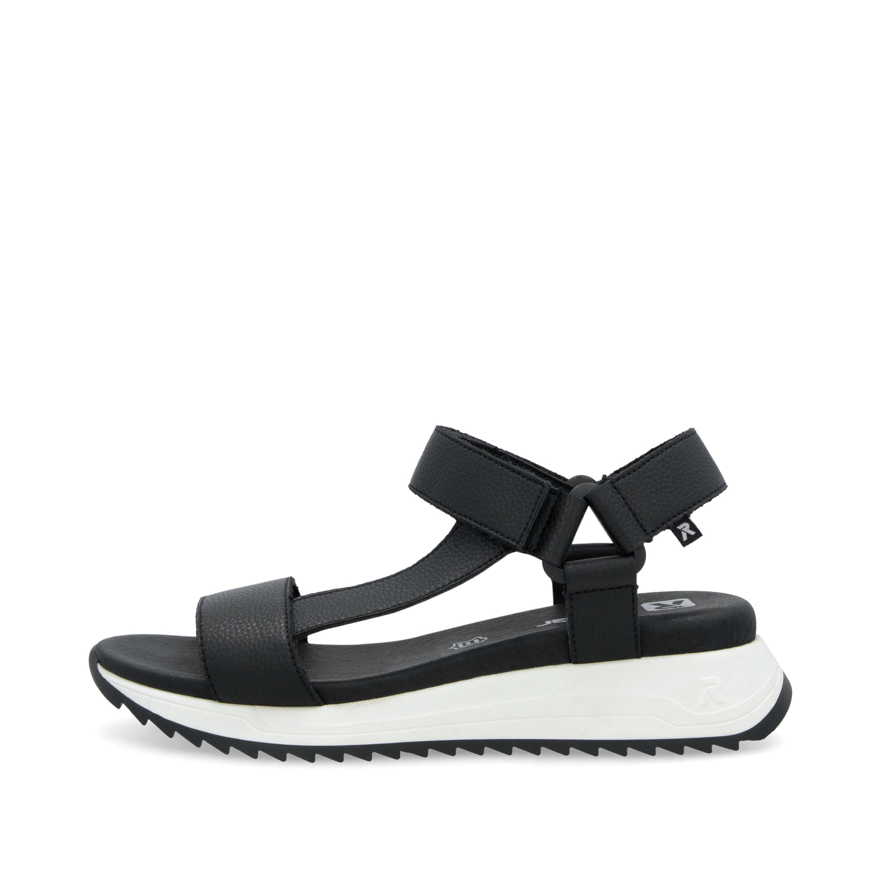 Schwarze Rieker Damen Trekkingsandalen W2951-00 mit einem Klettverschluss. Schuh Außenseite.