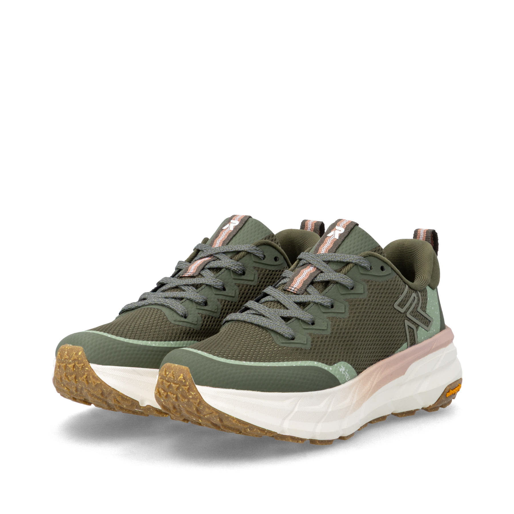 Grüne Rieker Sport Damen Sneaker Low W4501-54. Schuhpaar seitlich schräg.
