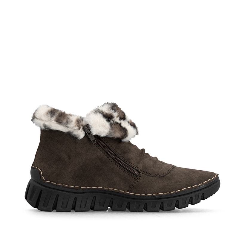 Dunkelbraune Rieker Damen Kurzstiefel 57551-25 mit weichem Kragen. Schuh Innenseite.