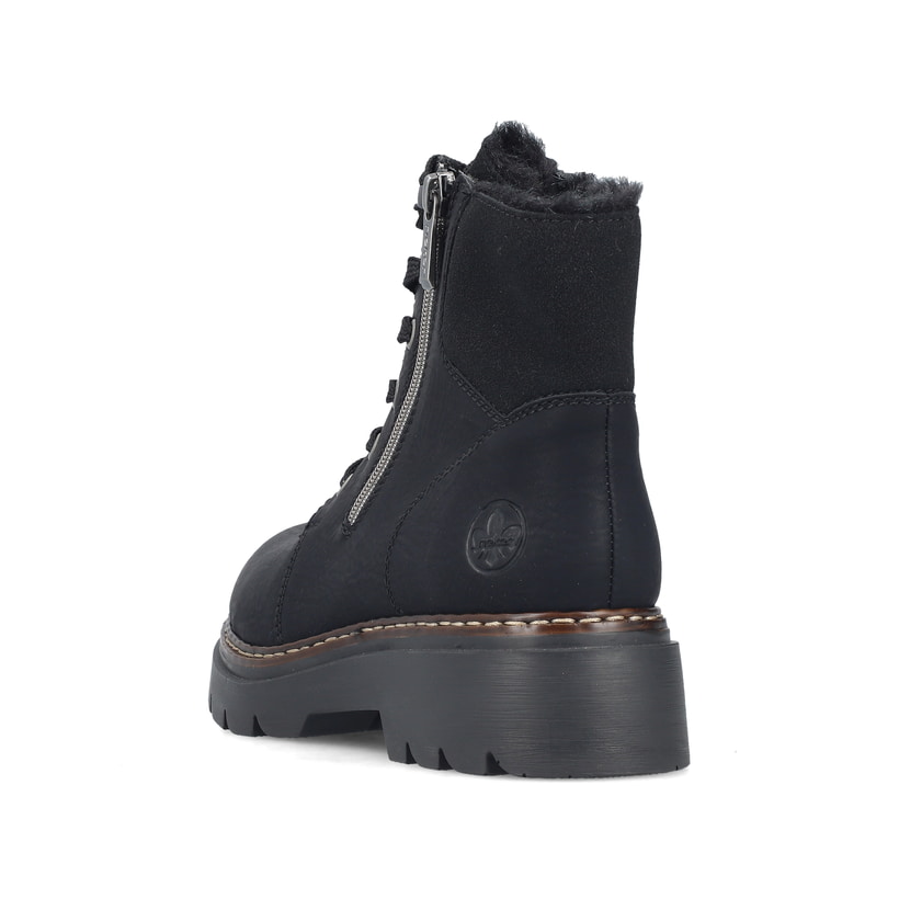 Schwarze Rieker Damen Schnürstiefel 76720-00 mit einem Reißverschluss. Schuh von hinten.