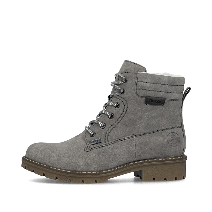 Silbergraue Rieker Damen Schnürstiefel Y9125-40 mit Schnürung und Reißverschluss. Schuh Außenseite