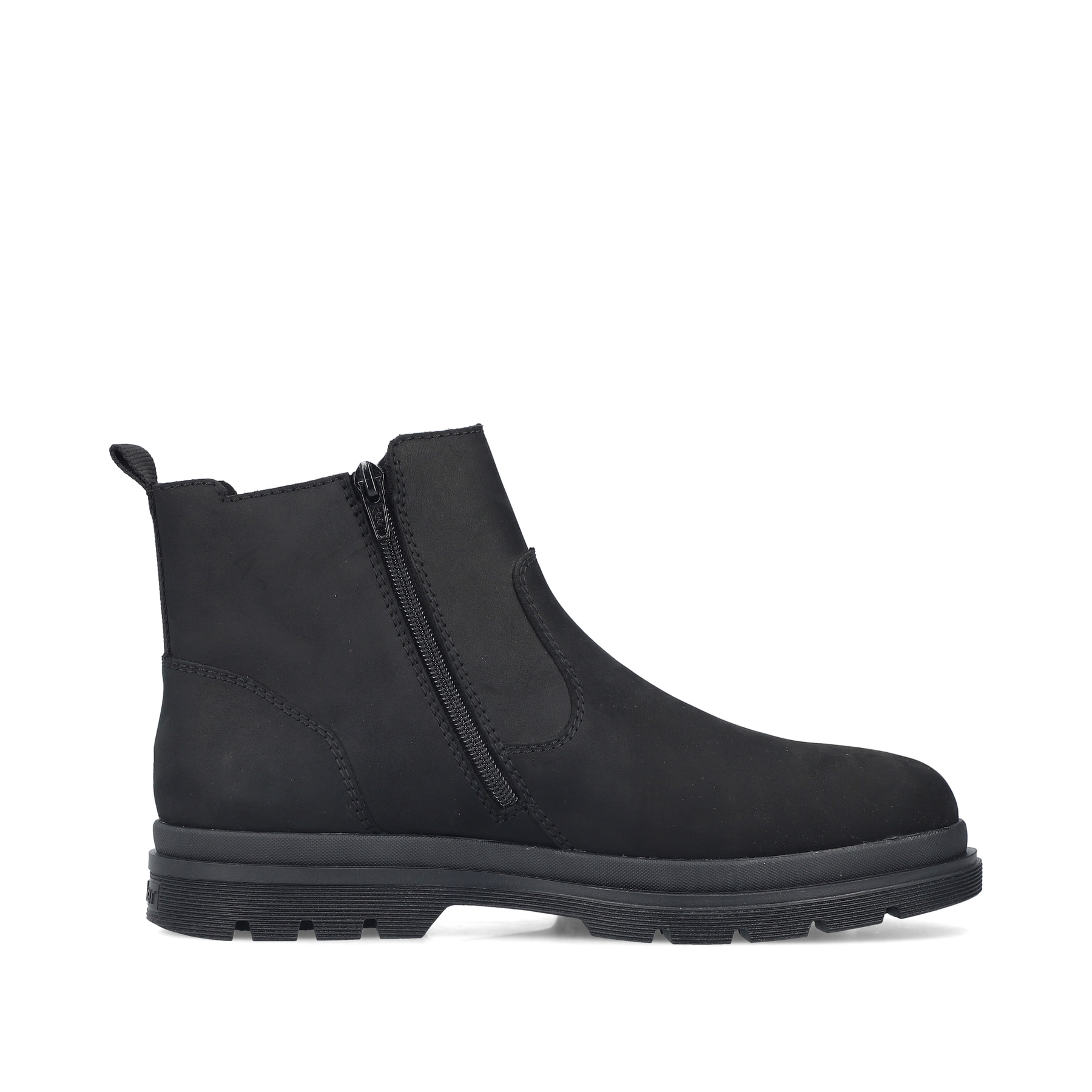 Chelsea Boots Rieker noires pour homme F7051-00 en cuir suédé. Chaussure vue de l'arrière.