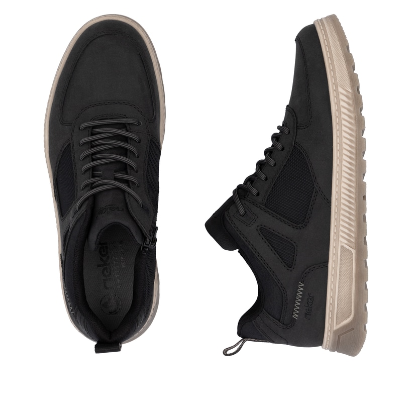 Schwarze Rieker Herren Schnürschuhe 37004-00 mit einem Reißverschluss. Schuh von oben, liegend.