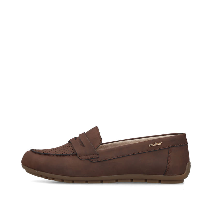 Braune Rieker Damen Loafer 43862-24 mit einer herausnehmbaren Einlegesohle. Schuh Außenseite.