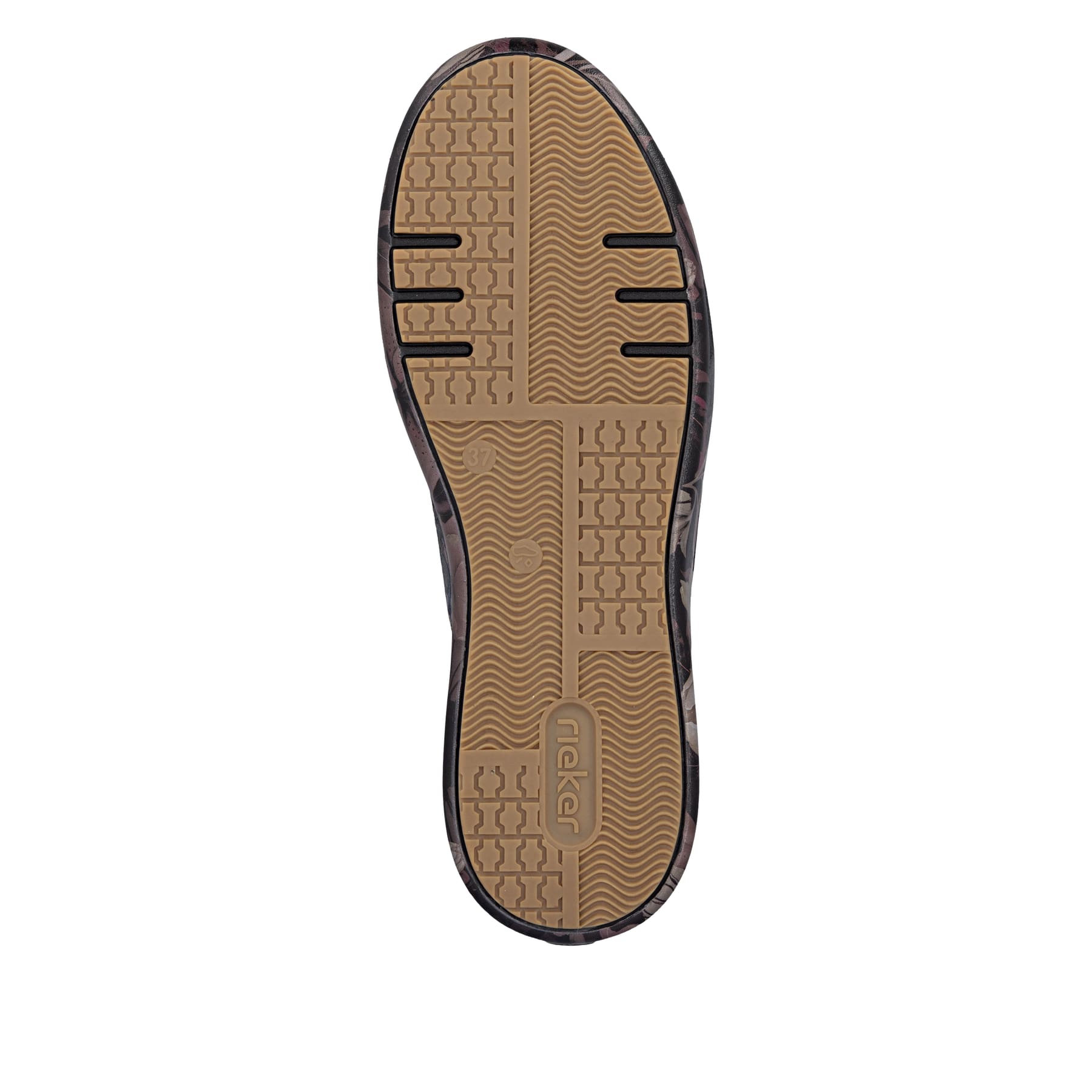 Dunkelbraun-schwarze Rieker Damen Sneaker Low M7711-26 mit floralem Aufdruck. Schuh Laufsohle.