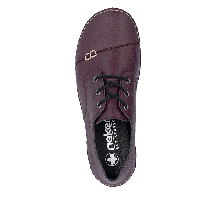 Brombeerfarbene Rieker Damen Schnürschuhe 55920-30 mit modernen Ziernähten. Schuh von oben.