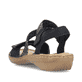 Schwarze Rieker Damen Riemchensandalen 60862-00 mit einem Klettverschluss. Schuh von hinten.