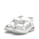 Weiße vegane Rieker Damen Trekkingsandalen W3151-80 mit einem Klettverschluss. Schuhpaar seitlich schräg.