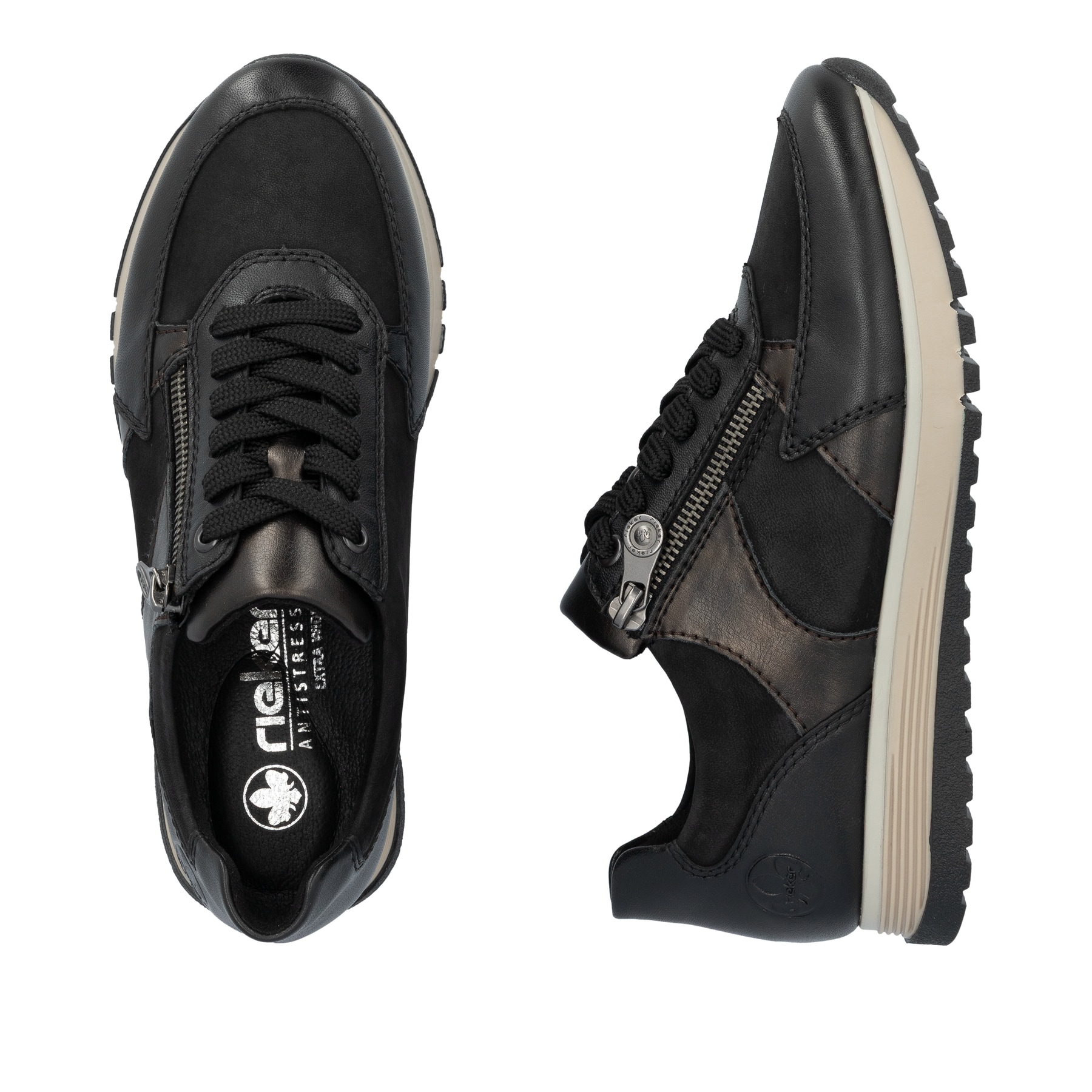 Schwarze Rieker Damen Sneaker Low 49010-00 aus Glattleder mit Reißverschluss. Schuh von oben, liegend.