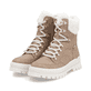 Beige-weiße Rieker Damen Schnürstiefel W2174-20 aus Rauleder. Schuhpaar seitlich schräg.