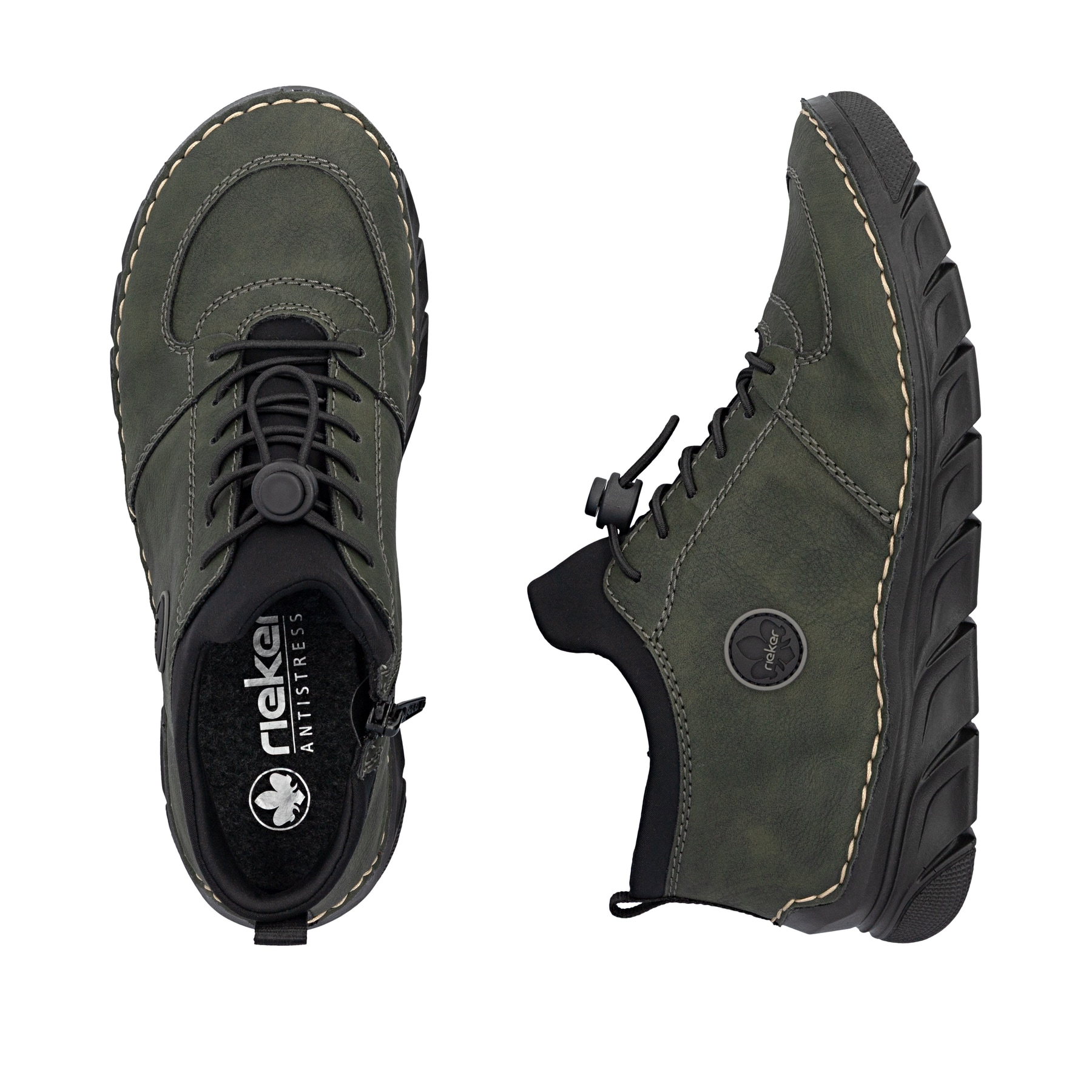Dunkelgrün-schwarze Rieker Damen Kurzstiefel 55071-54 mit einem Reißverschluss. Schuh von oben, liegend.