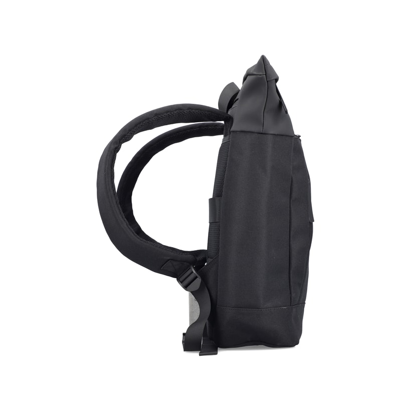 Sac à dos Rieker H5101-02 noir avec fermeture éclair, compartiment rembourré pour ordinateur portable et bretelles ajustable. Côté droit.