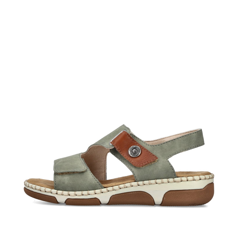 Khakifarbene Rieker Damen Riemchensandalen 66280-52 mit einem Klettverschluss. Schuh Außenseite.