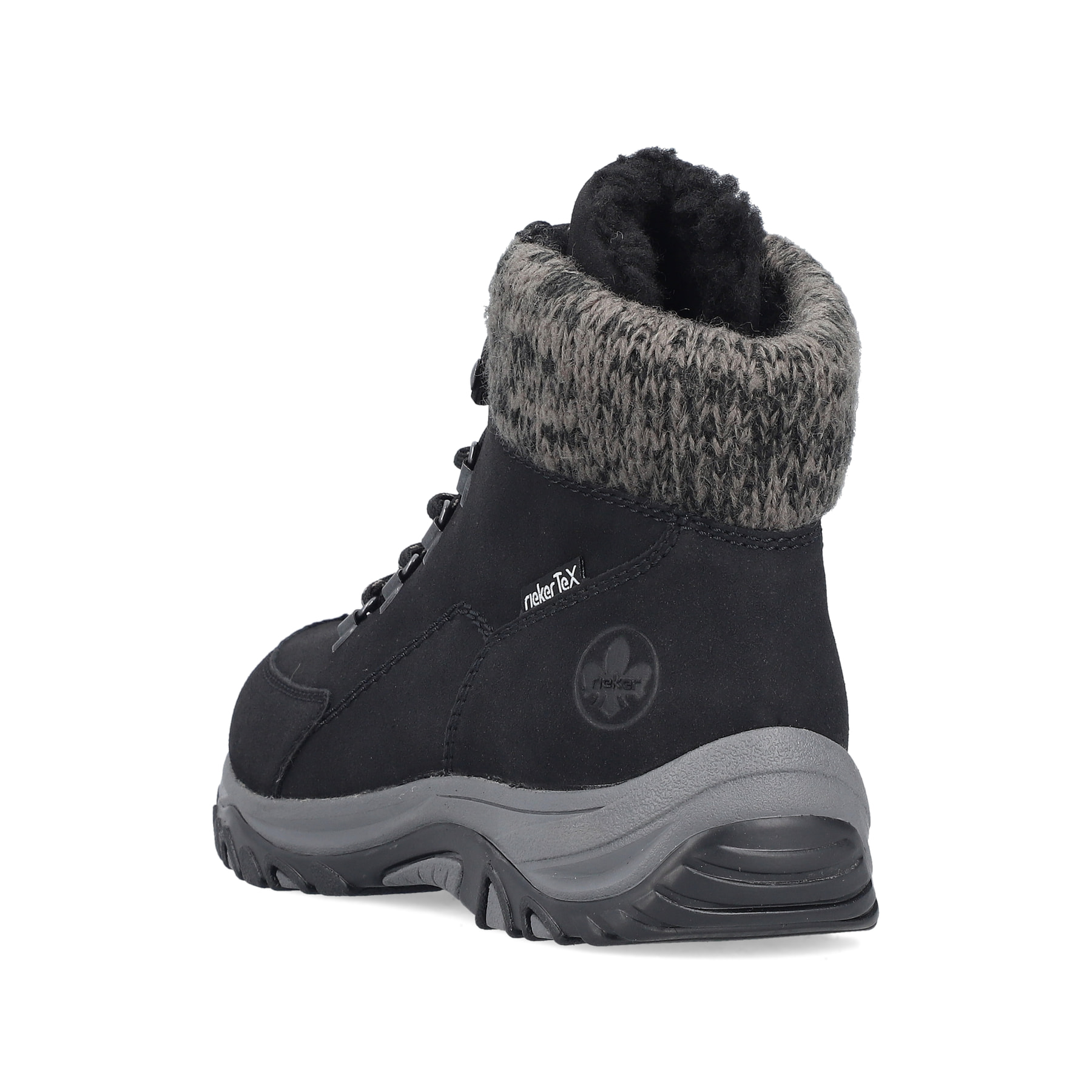 Schwarze Rieker Damen Schnürstiefel M9610-00 mit wasserabweisender TEX-Membran. Schuh von hinten.