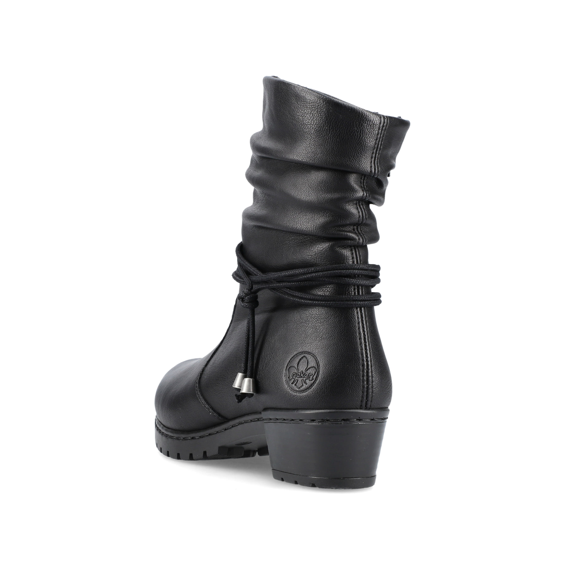 Tiefschwarze Rieker Damen Stiefeletten Y17R2-00 mit Reißverschluss sowie Blockabsatz. Schuh von hinten