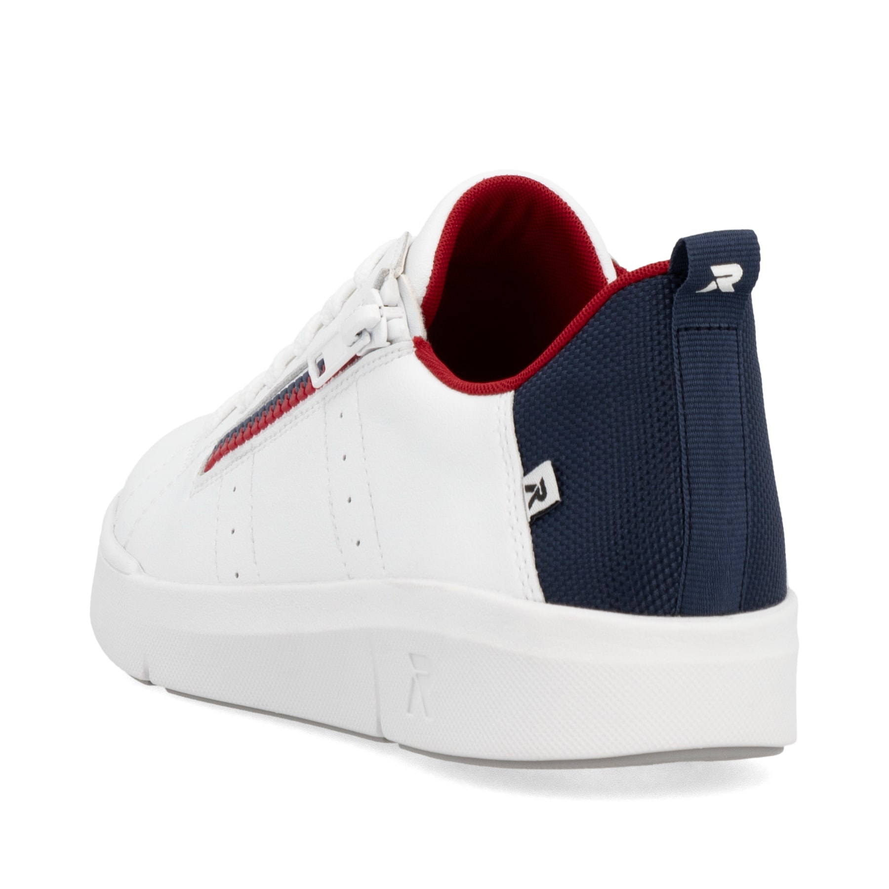 Weiße Rieker Damen Sneaker Low 41906-80 mit Reißverschluss sowie flexibler Sohle. Schuh von hinten.