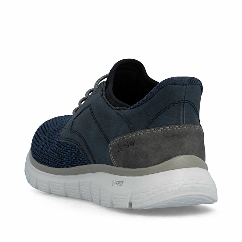 Blaue Rieker Herren Slipper B6658-14 mit Ready2GO Slip-in Feature sowie Gummizug. Schuh von hinten.