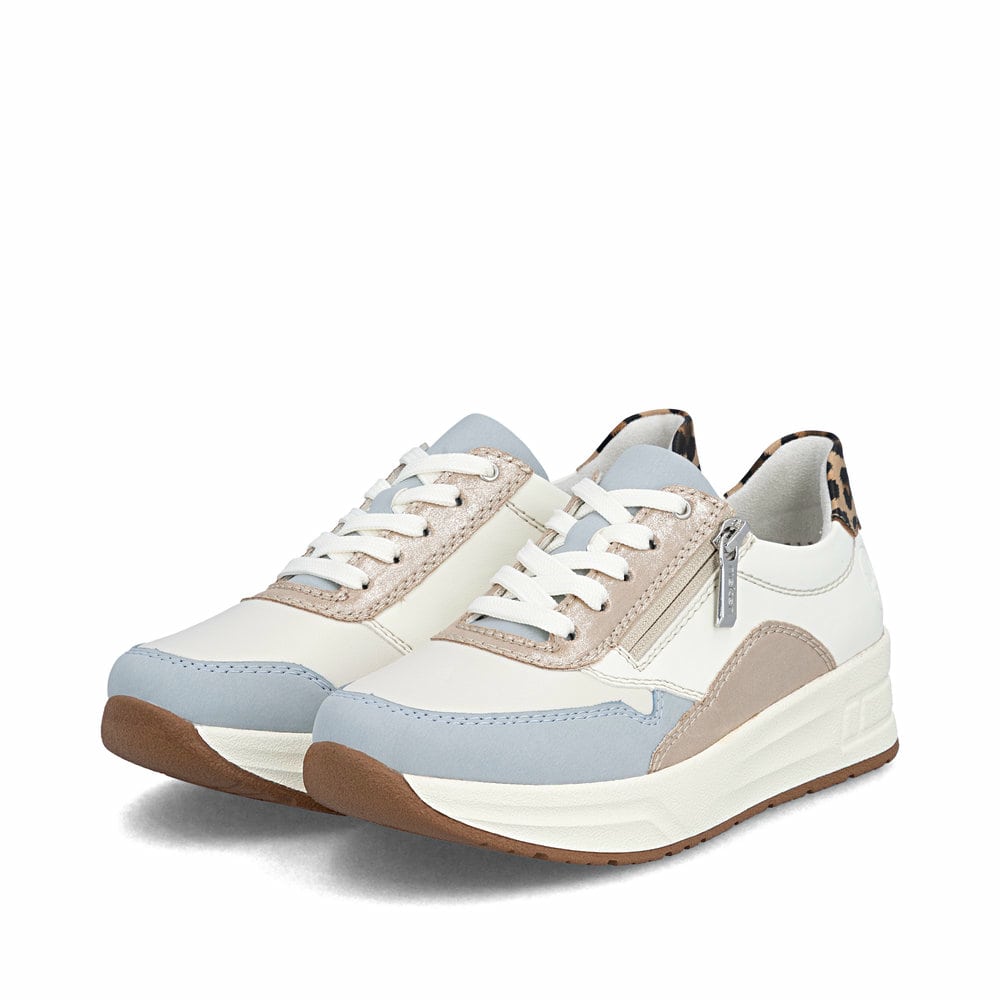 Mehrfarbige Rieker Damen Sneaker Low N8114-90 mit einem Reißverschluss. Schuhpaar seitlich schräg.