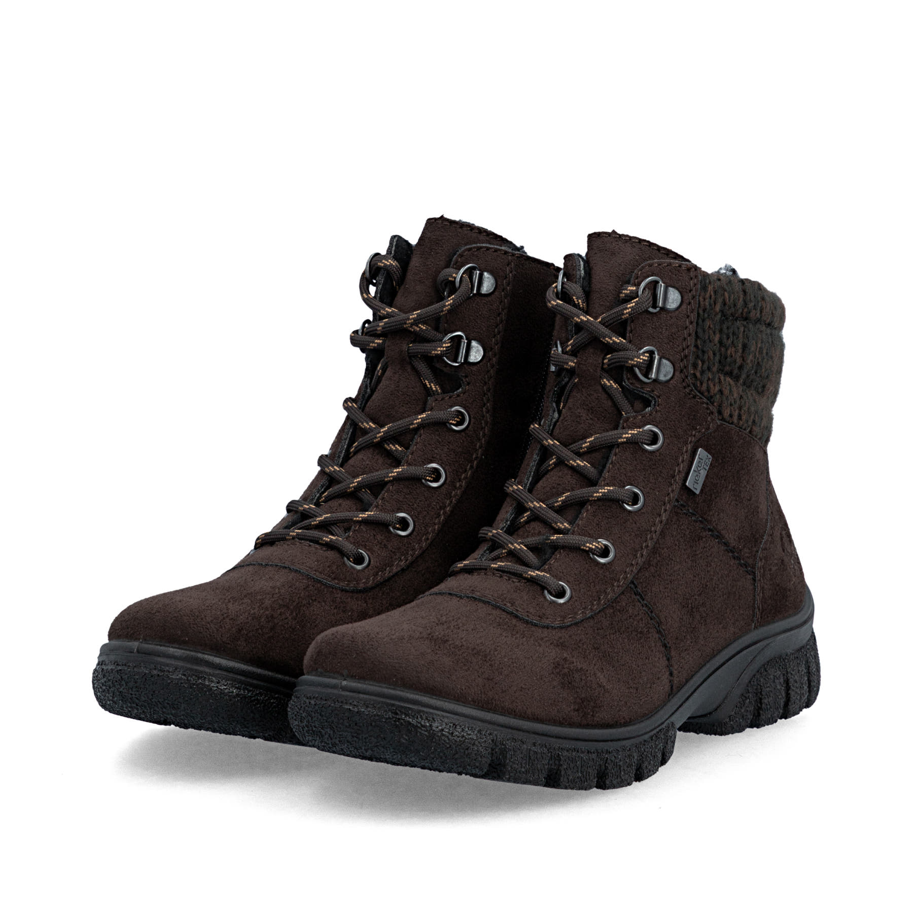 Dunkelbraune Rieker Damen Schnürstiefel Z7220-25 mit Strick-Kragen. Schuhpaar seitlich schräg.