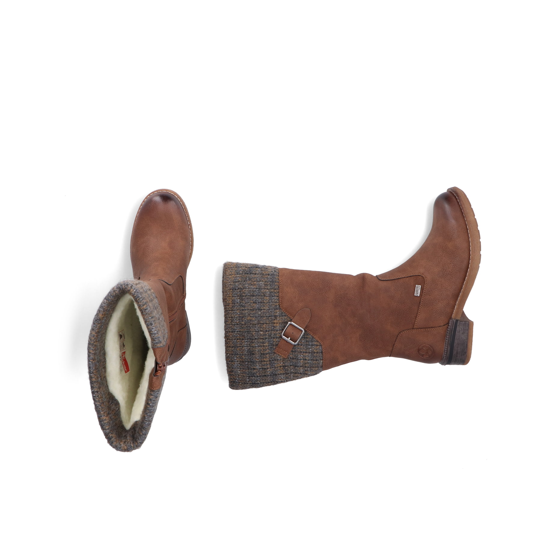 Braune Rieker Damen Hochschaftstiefel 94692-24 mit wasserabweisender TEX-Membran. Schuh von oben, liegend.