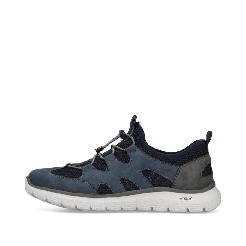 Mocassins Rieker bleus pour homme B6678-14 en optique à trous. Côté extérieur de la chaussure.