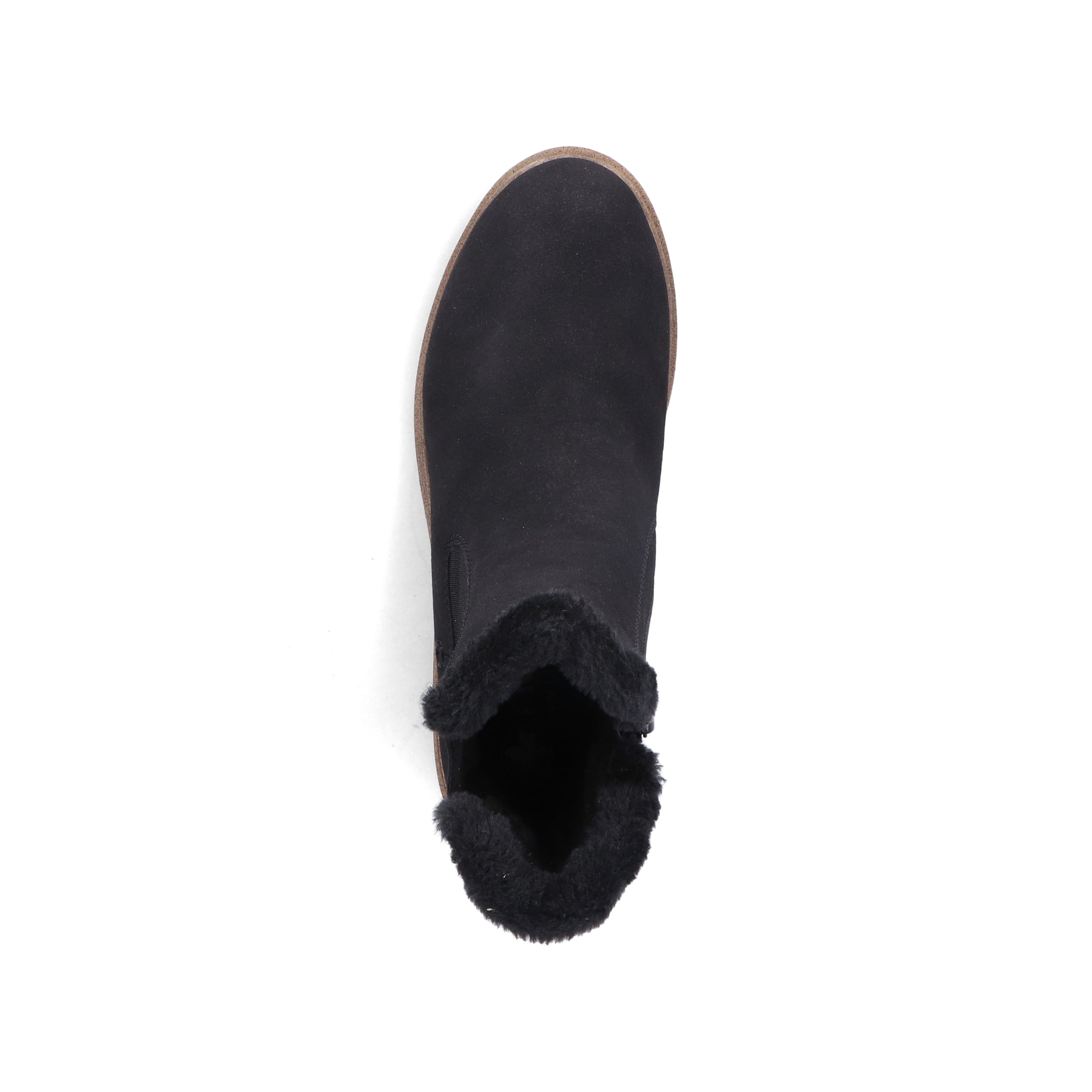 Schwarze Rieker Damen Chelsea Boots Z5076-00 mit Fellschaftrand. Schuh von oben.