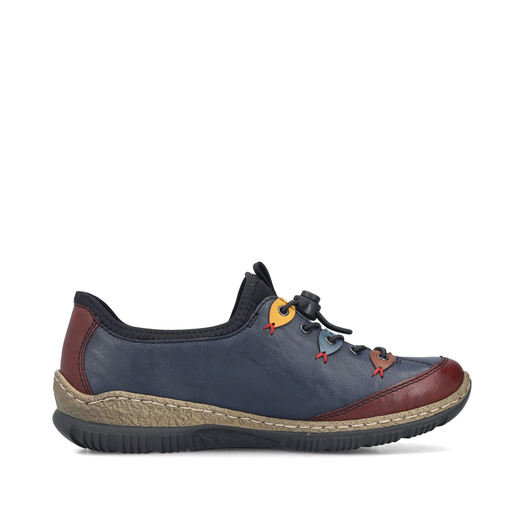 Mocassins Rieker bleus pour femme N3271-35 avec oeillets décoratifs. Chaussure vue de l'arrière.
