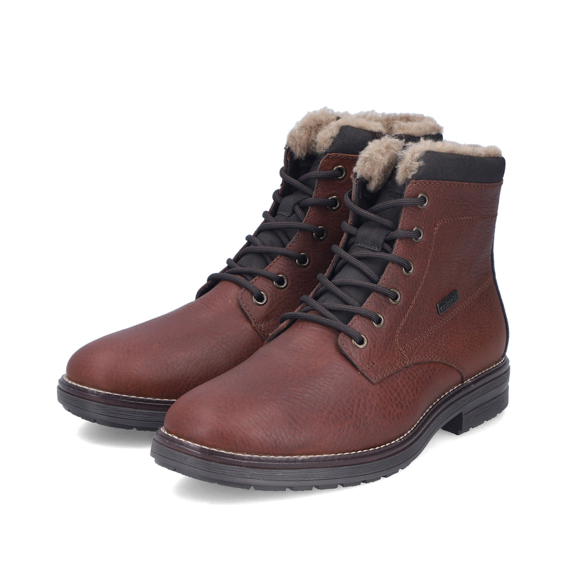 Dunkelbraune Rieker Herren Schnürstiefel 33420-26 aus Glattleder. Schuhpaar seitlich schräg.