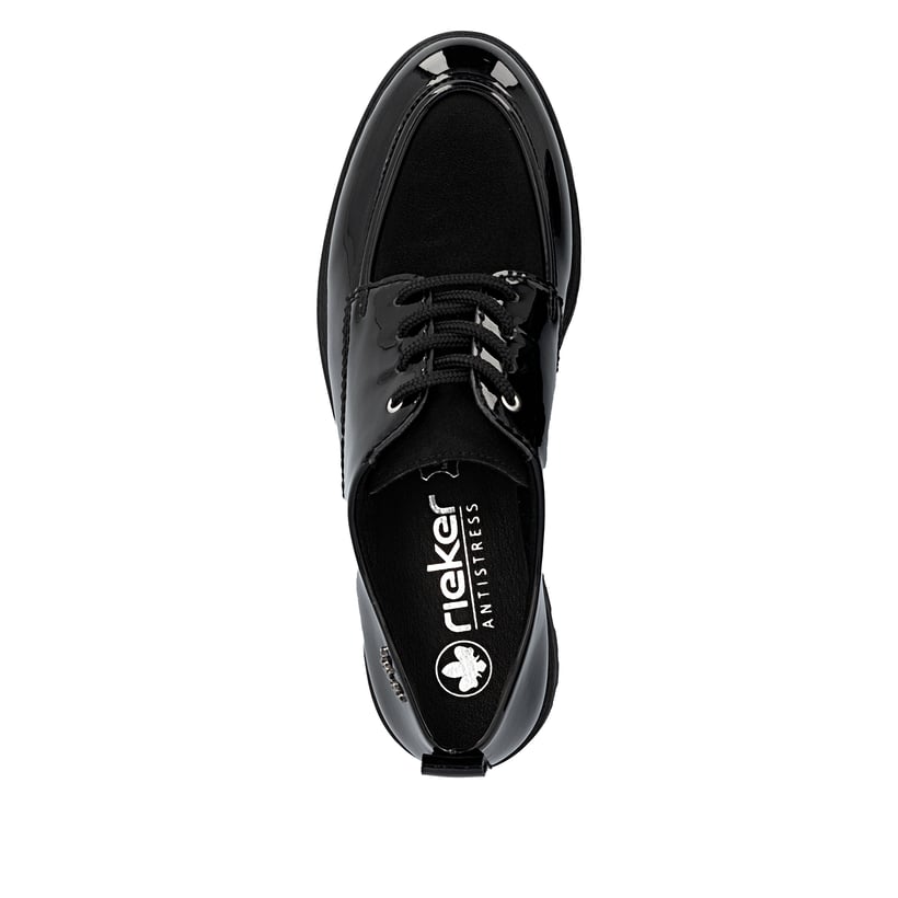 Schwarze Rieker Damen Schnürschuhe 45500-00 mit einer extra weichen Decksohle. Schuh von oben.