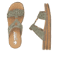 Grüne Rieker Damen Pantoletten 629K9-52 mit einem Klettverschluss. Schuh von oben, liegend.